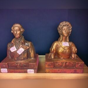 Paul Herzel vintage brass bookends President George and Martha Washington
